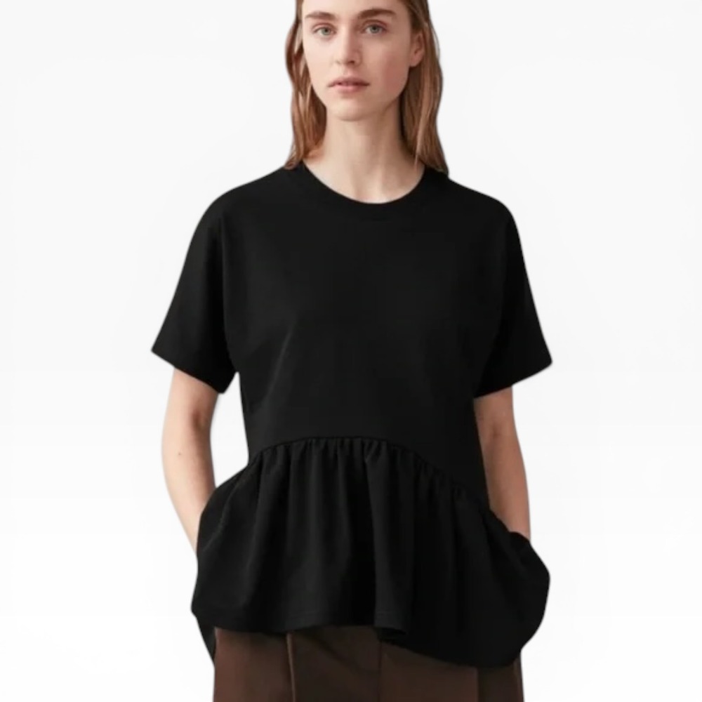 COS Womens Black Cotton Asymmetrical Peplum Short Sleeve Top Crew Neck Size S